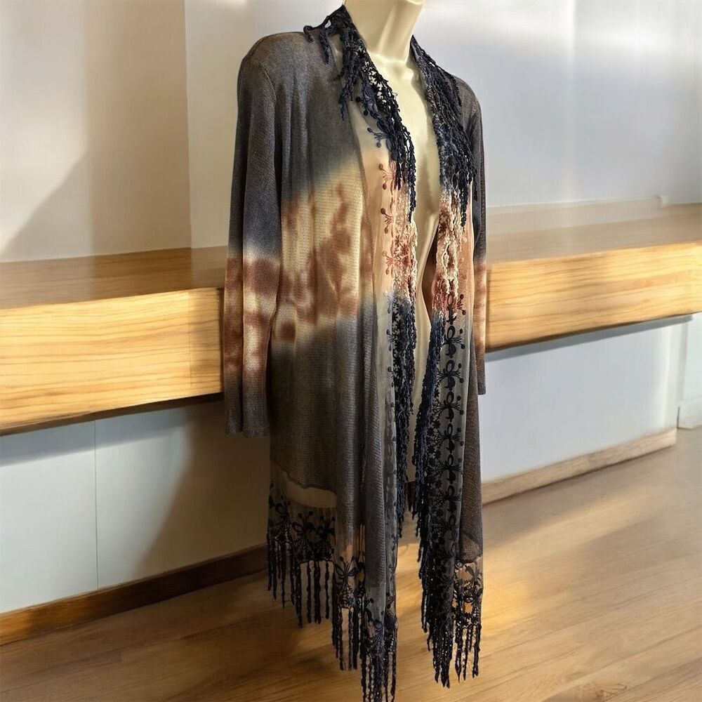 BKE by Buckle Gray Tan Ombré Navy Blue Fringe Open Front Cardigan Boho Sweater - Picture 3 of 10